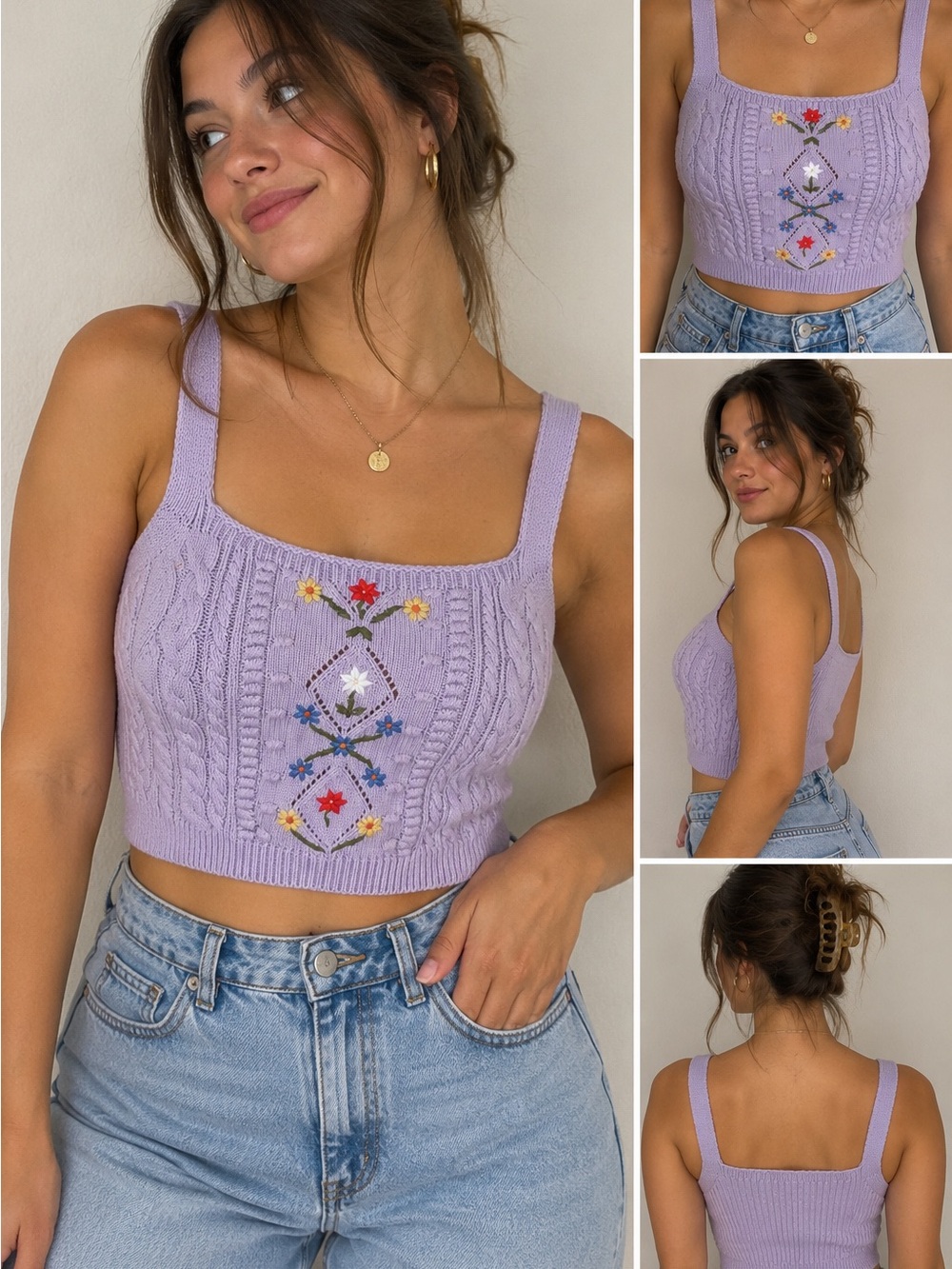 Cider Purple Floral Embroidered Cable Knit Crop Tank Top XS Cottagecore